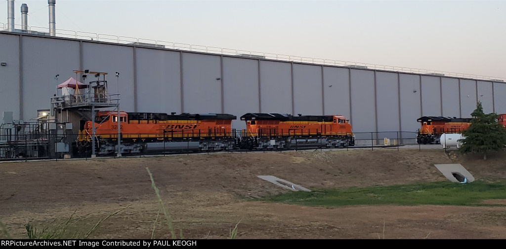 In The Early Morning Light BNSF 3282 (First ES44ACH Tier 4 Credit Built) Still Sits Under The Wabtec Emissions Testing Rig with BNSF 3665 and BNSF 3669 Behind Her.